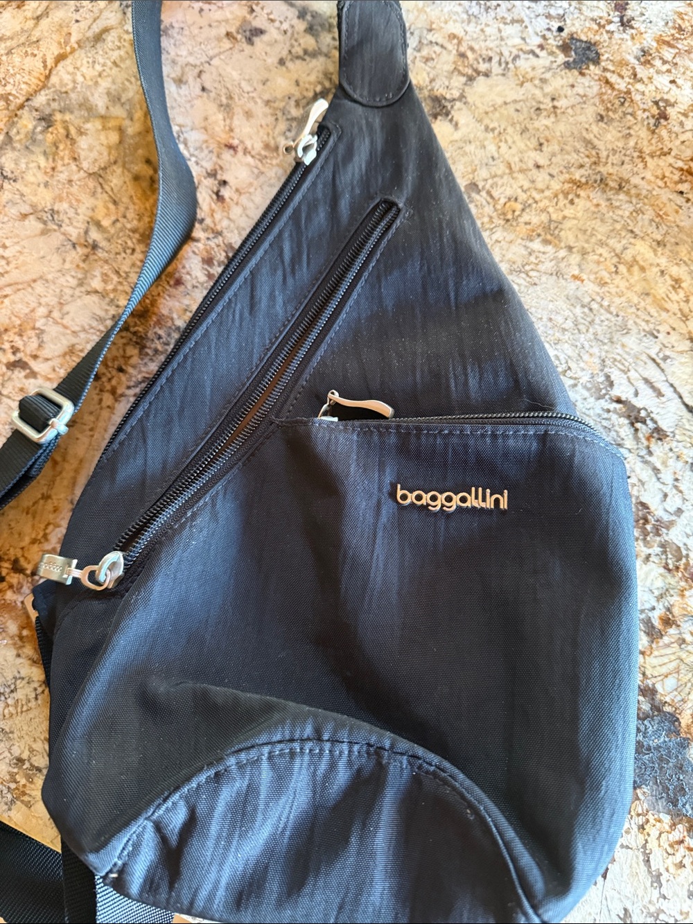 Baggallini Black Sling Belt Bag with Silver Hardware